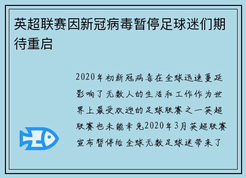 英超联赛因新冠病毒暂停足球迷们期待重启