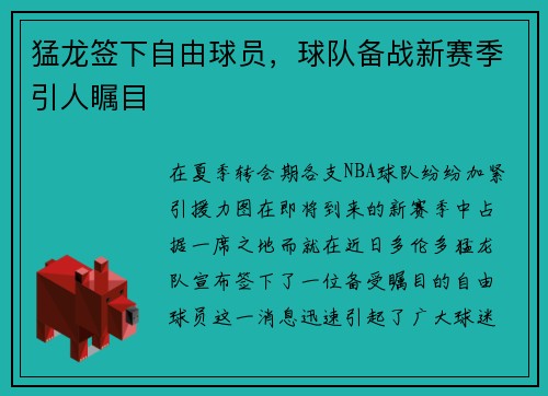 猛龙签下自由球员，球队备战新赛季引人瞩目