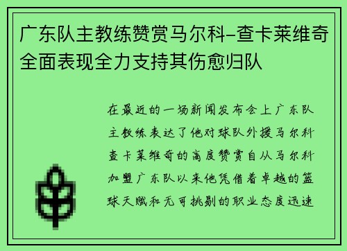 广东队主教练赞赏马尔科-查卡莱维奇全面表现全力支持其伤愈归队