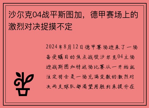 沙尔克04战平斯图加，德甲赛场上的激烈对决捉摸不定