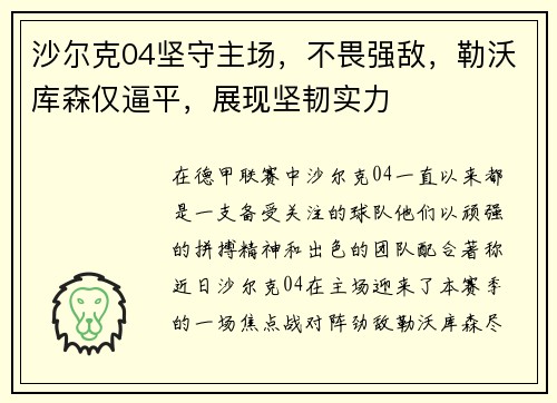 沙尔克04坚守主场，不畏强敌，勒沃库森仅逼平，展现坚韧实力